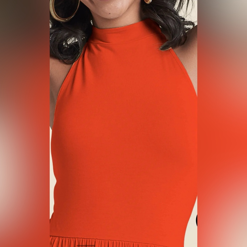 VENUS Bright Tangerine-Colored Halter Maxi Dress w Pockets Ties at Neck Backless - Picture 5 of 14